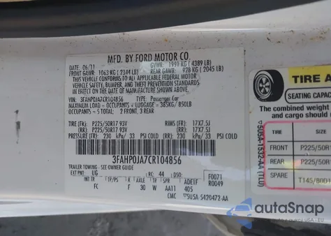 2012 Ford Fusion Sel z USA, uszkodzony, nr VIN 3FAHP0JA7CR104856